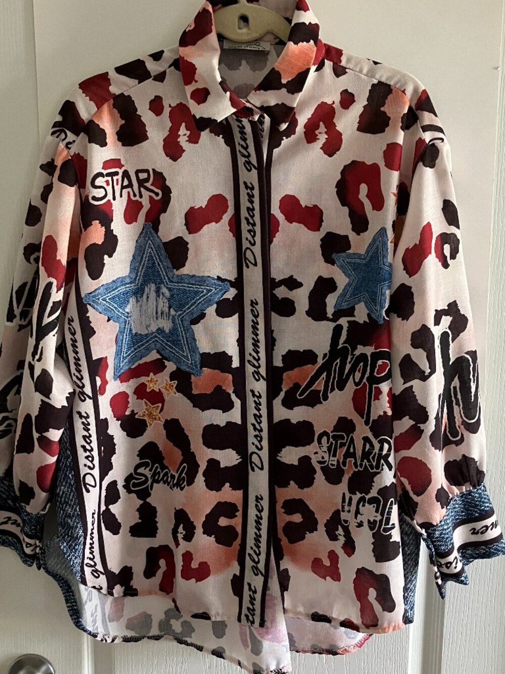 Ladies Oversized Leopard, Star Graphics, Cotton Made in Italian Shirt Top